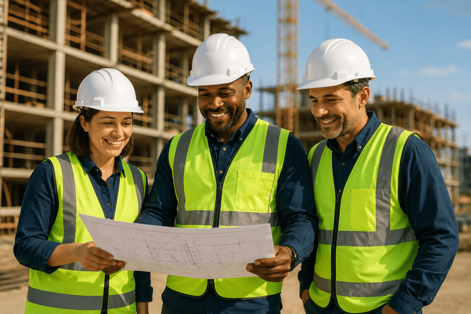 Three professionals reviewing drawings together on site
