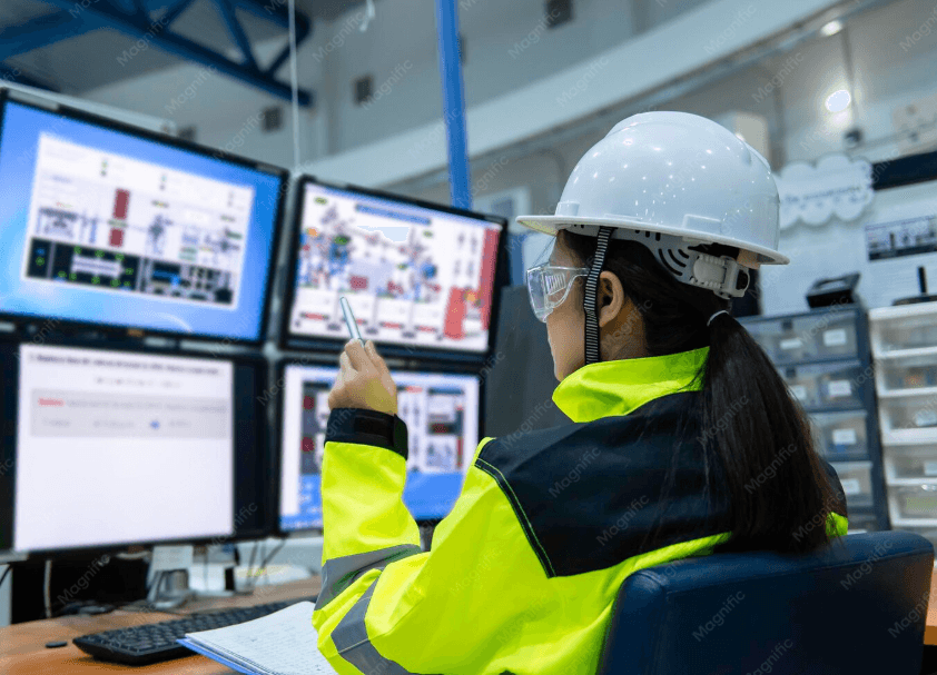 A construction professional in high-visibility gear working across a bank of monitors